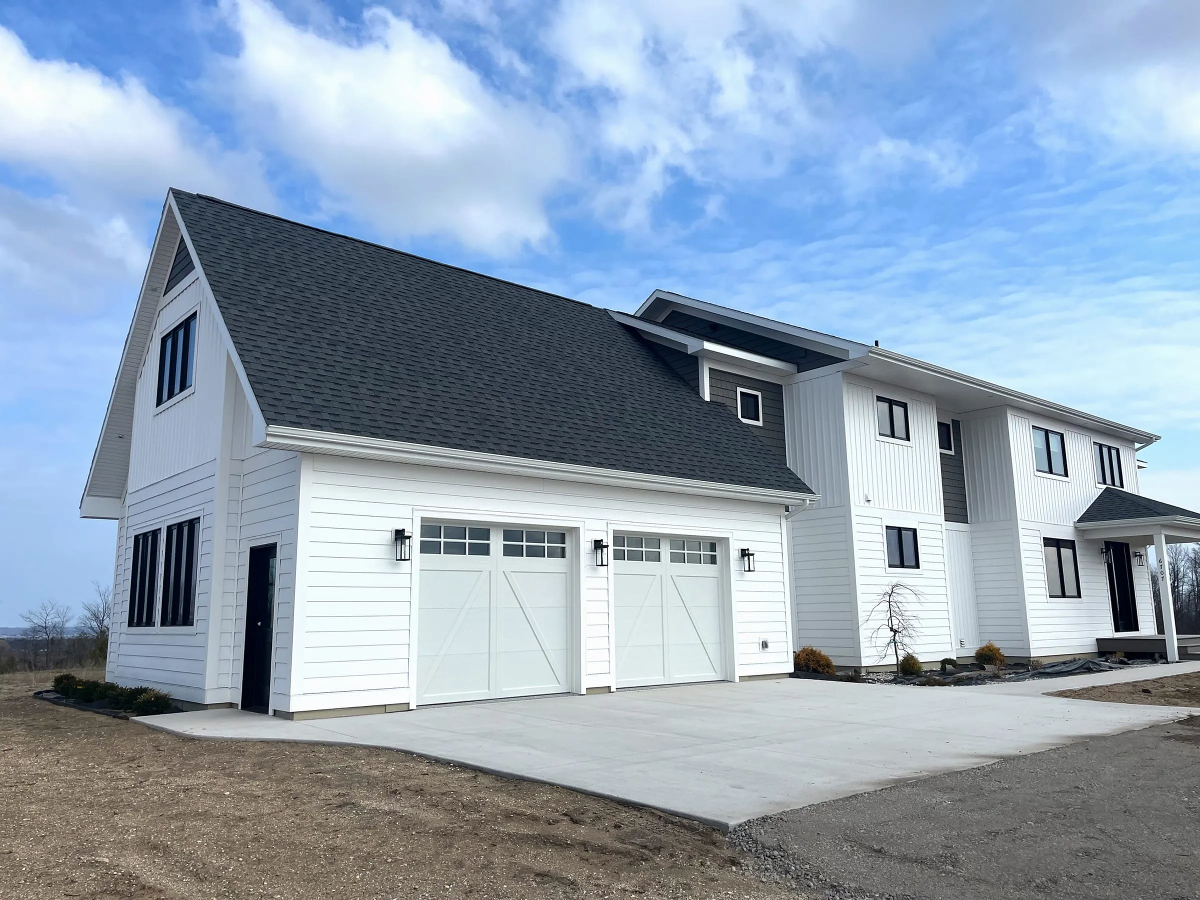 Horizontal and board & batten siding, glacier white and ageless slate, Williamsburg, MI