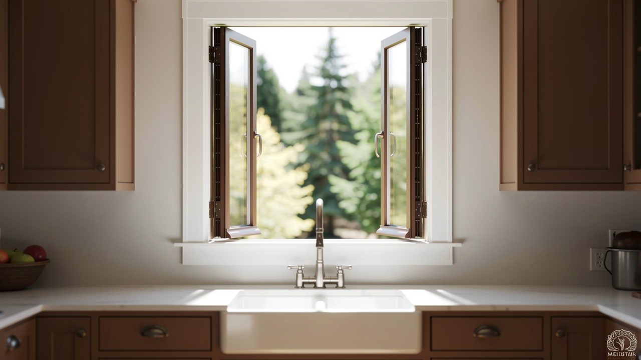 Casement window above kitchen sink with full outdoor view
