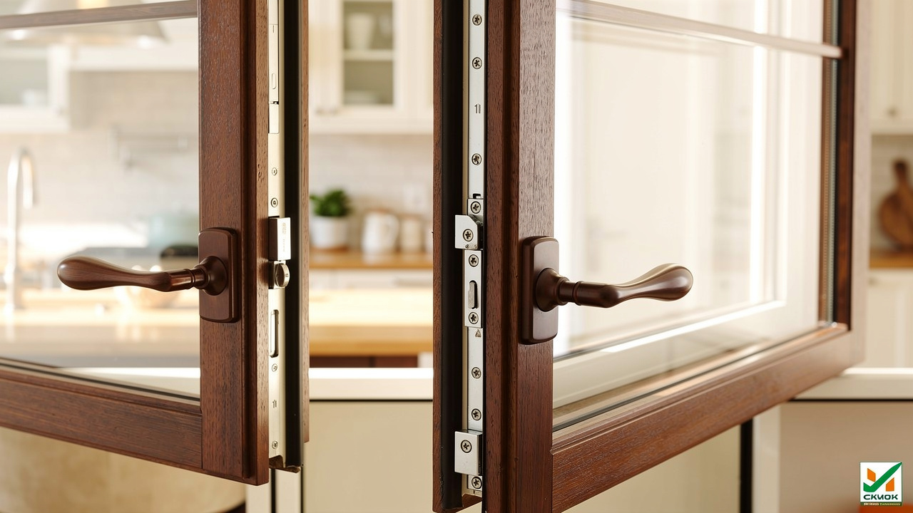 Close-up of casement window crank mechanism and hinges