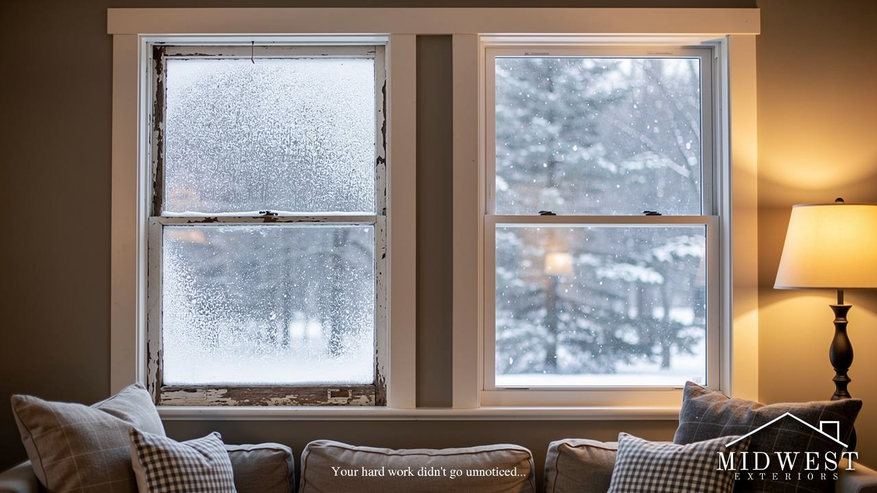 Warm home interior contrasting with cold winter weather outside
