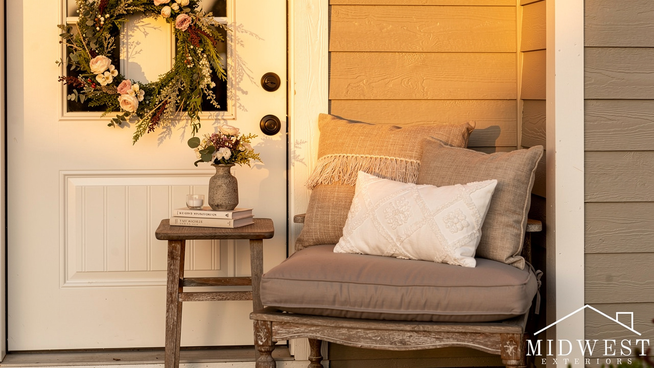 Layered porch decor with wreath, cushions, pillows, and seasonal accessories