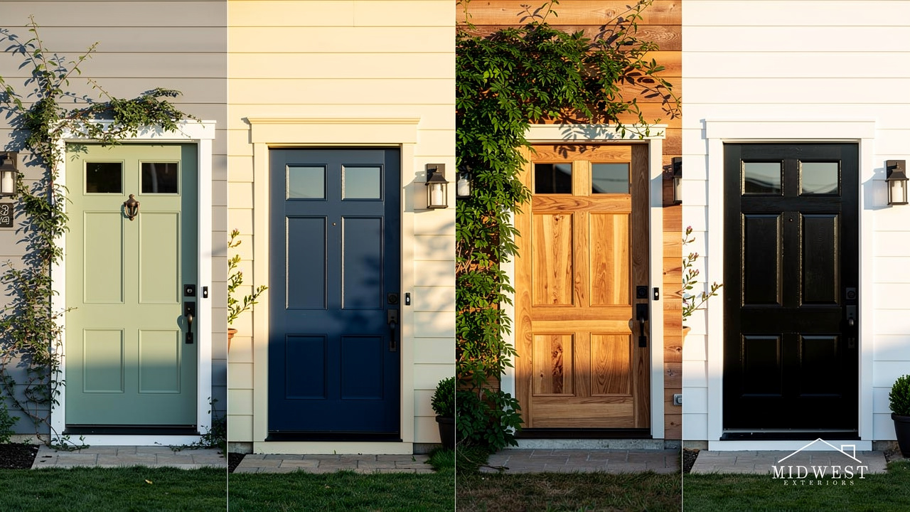 Four front door colors in sage green, navy blue, natural wood, and black