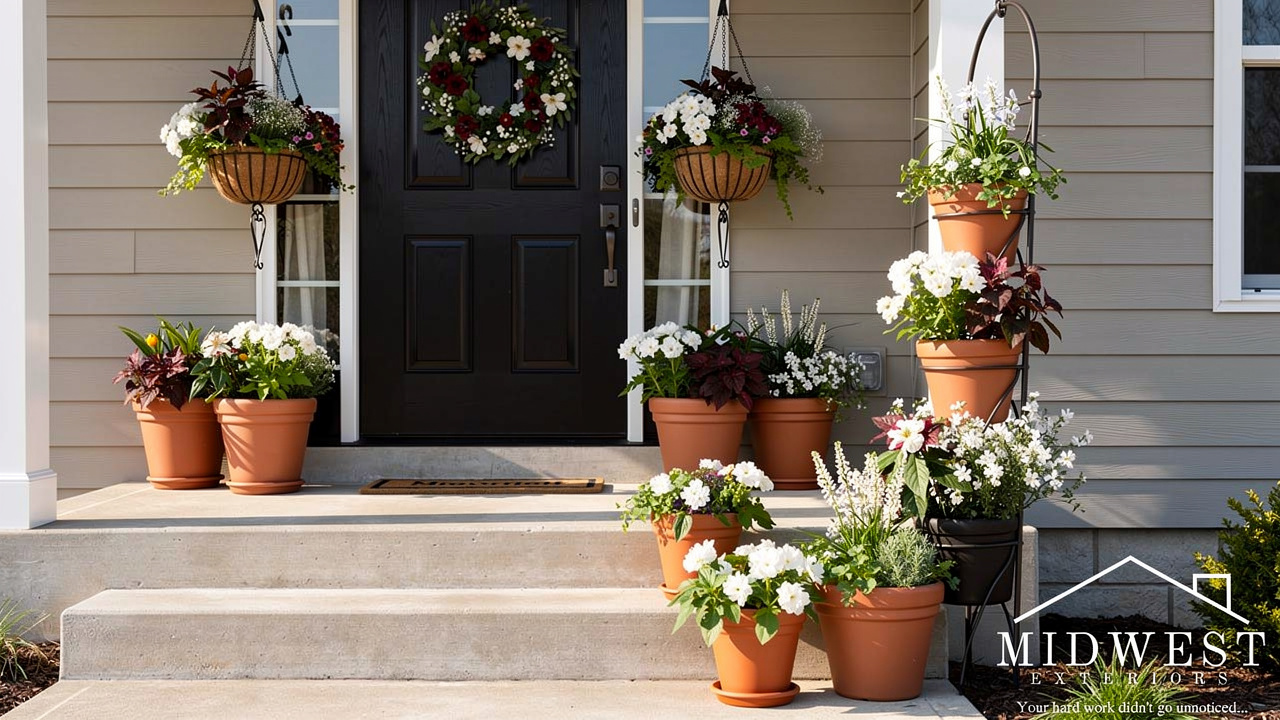 Various spring planters arranged in balanced composition flanking door and steps