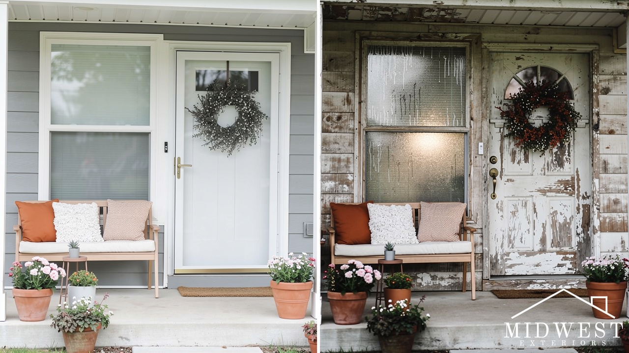 Comparison of well-maintained and aging porch exteriors affecting curb appeal