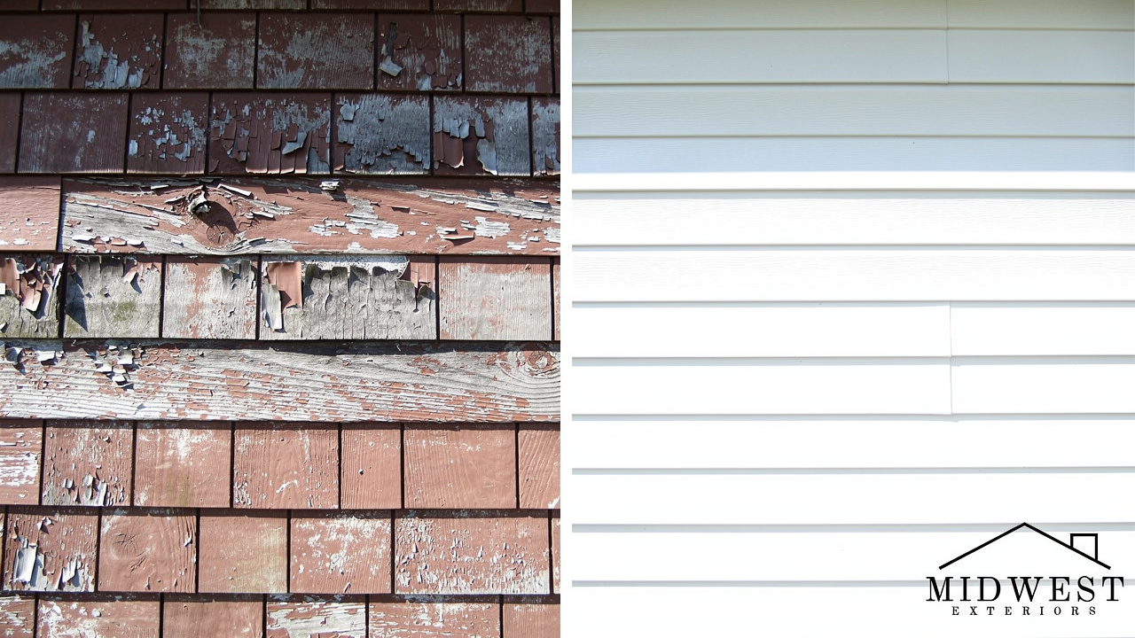 Comparison of old damaged siding and new vinyl installation