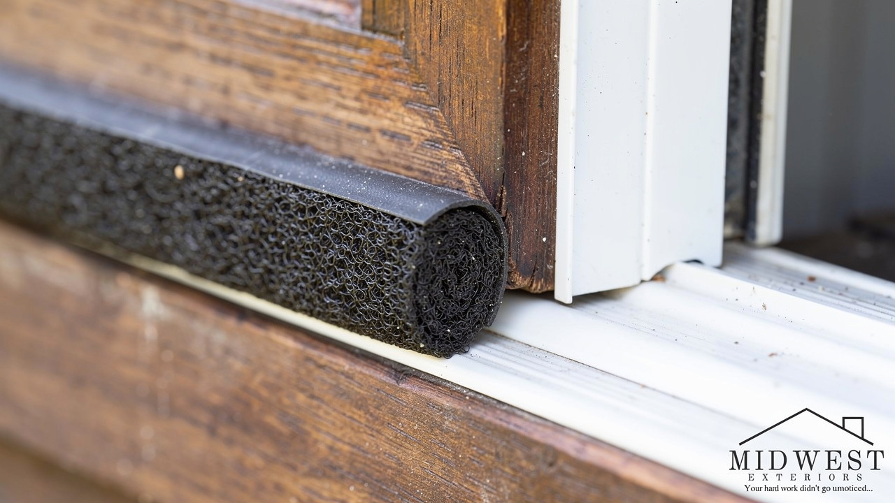 Weatherstripping foam tape being applied to window frame