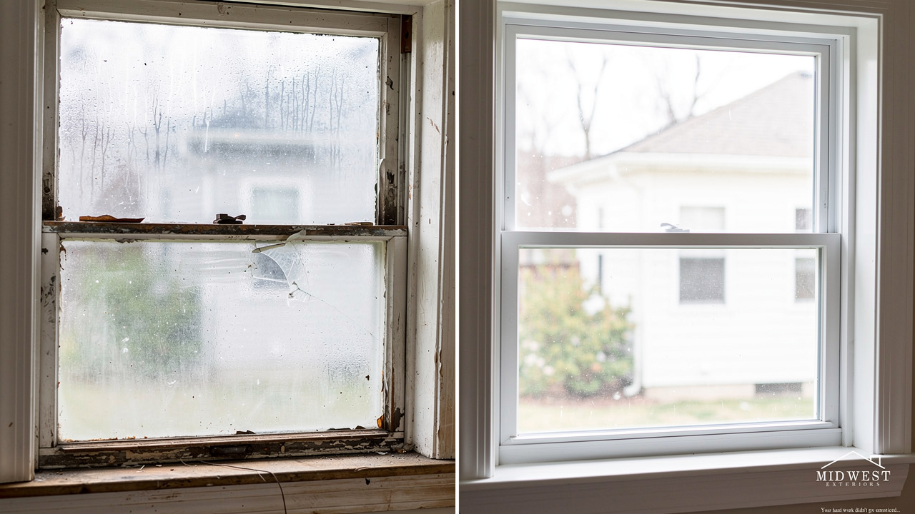 Comparison of old deteriorated window beside modern replacement window