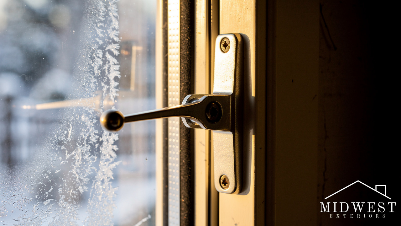 Close-up of casement window crank mechanism showing tight seal compression