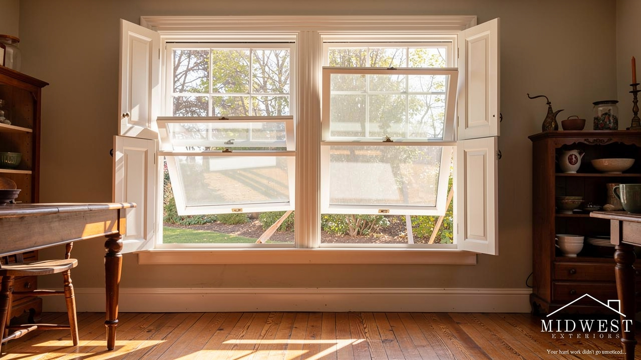 Traditional room with double-hung windows tilted open for interior cleaning