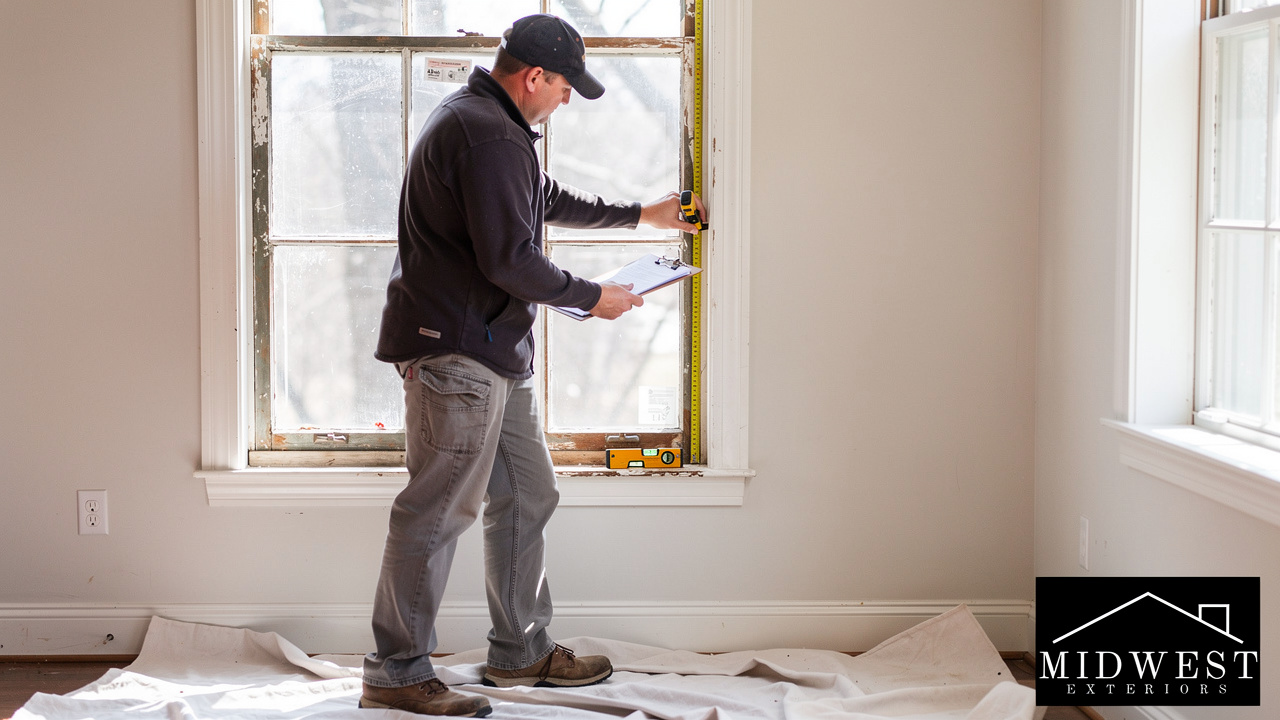 Professional installer measuring existing window opening for precise replacement